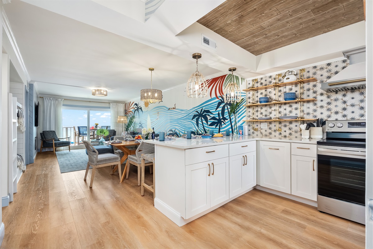 Open kitchen flows into the living room.
