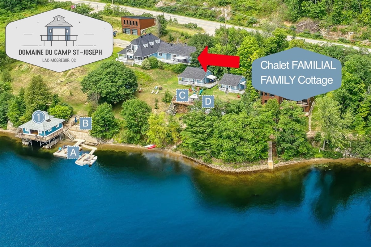 Le chalet Luminaire n'est pas partag&eacute;. Il a son propre patio, BBQ, Foyer ext&eacute;rieur. Vous avez un acc&egrave;s partag&eacute; &agrave; la "Boathouse" (1) , au sauna (1), &agrave; la buanderie, &agrave; certains patios (C et D)  et aux quais (A)