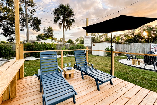 Sun Loungers, Deck, Umbrella, Patio Lights, Fire Pit & Coconut Weather Station 