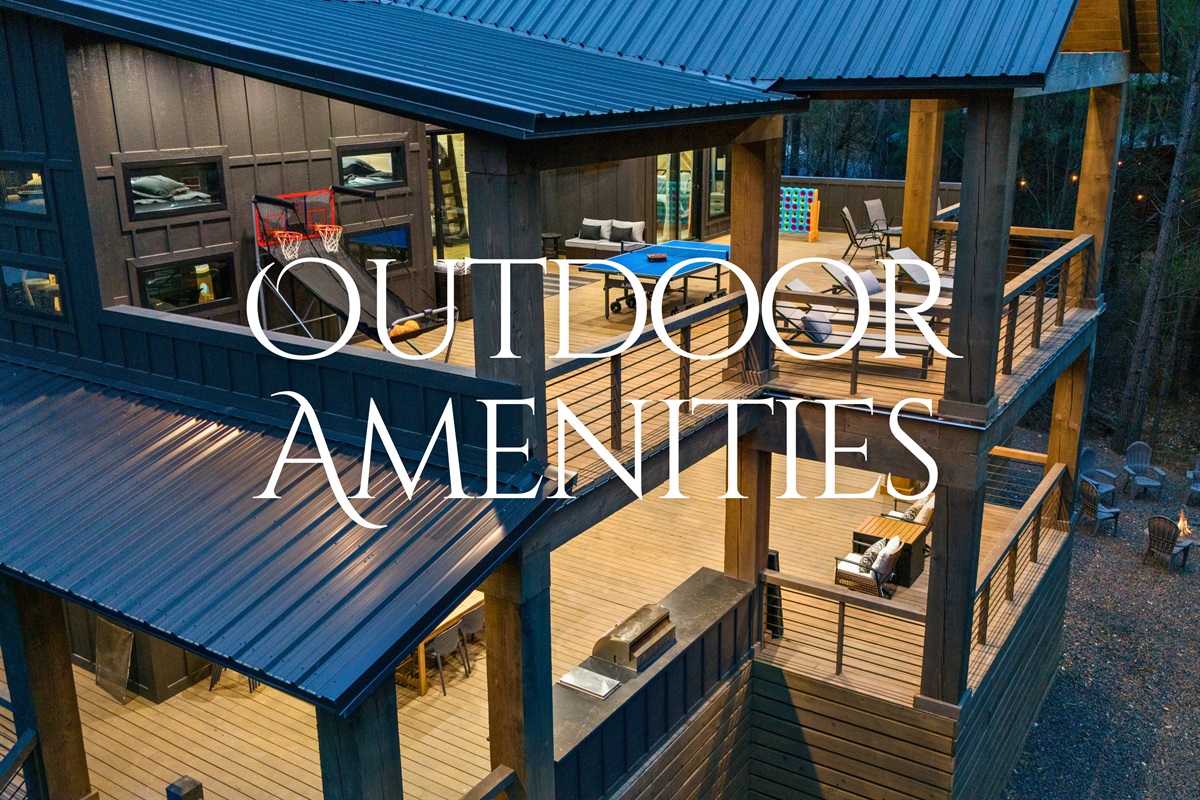 Enjoy the expansive outdoor entertainment area, complete with comfortable seating, games and more set against a beautiful forest backdrop.