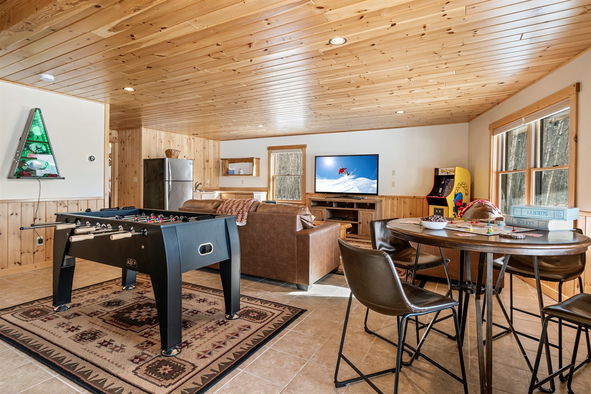 A lively basement game room for family fun and friendly competition.