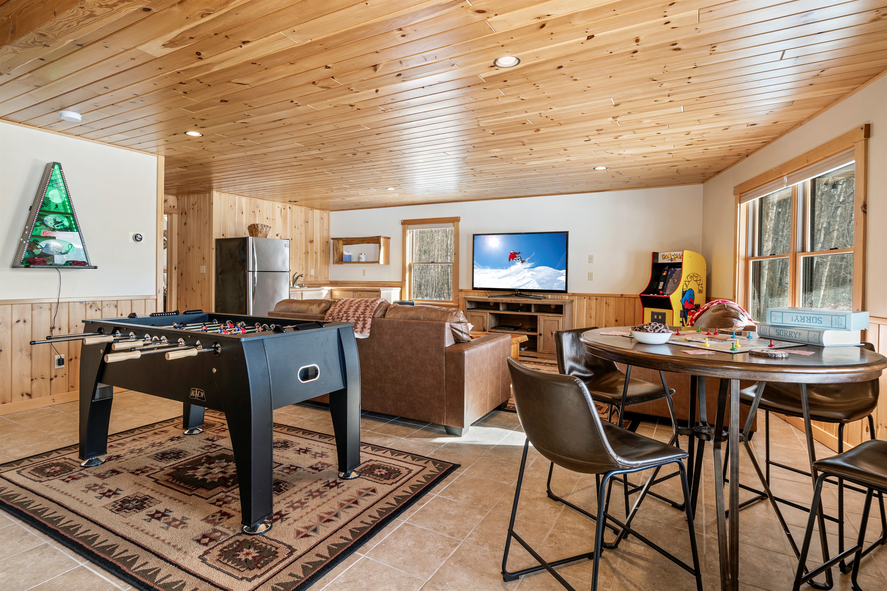 A lively basement game room for family fun and friendly competition.