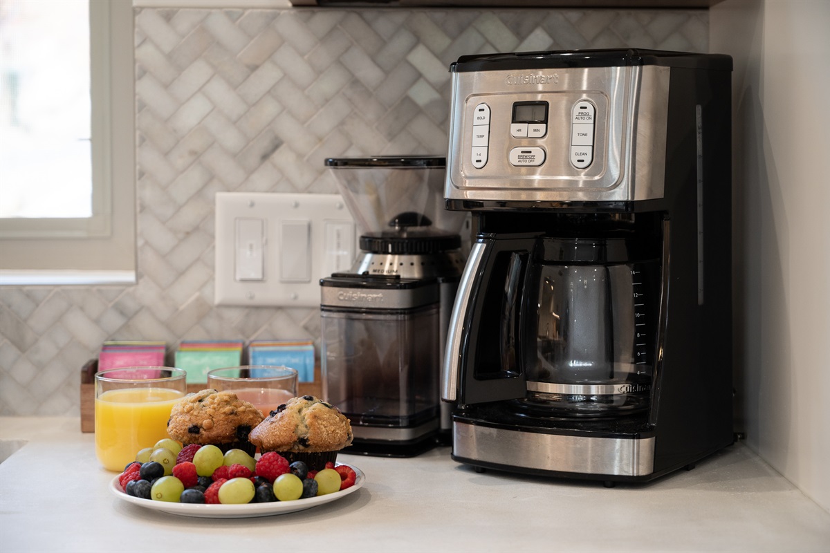 12-cup drip coffee maker with local ground coffee and tea provided