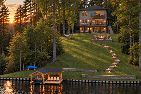 Property visualization; trees naturally screen the view of the house from the lake.