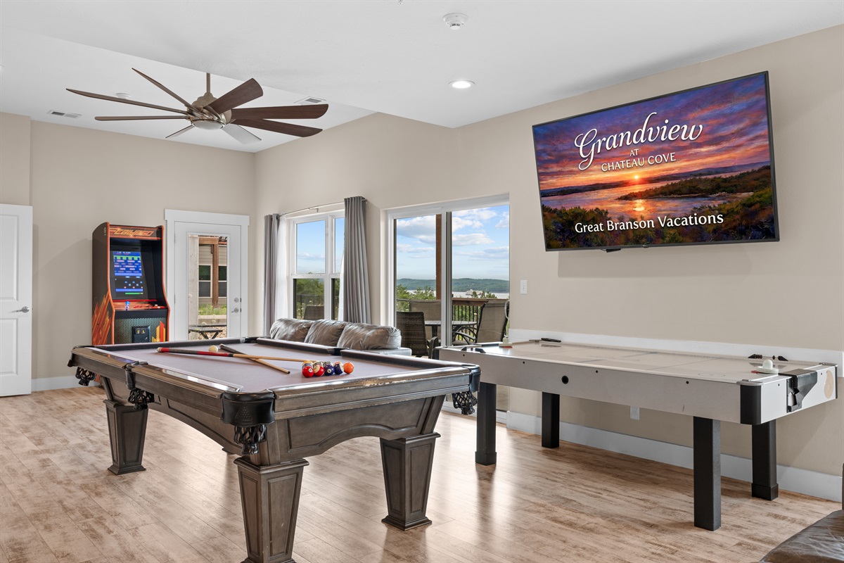 Game Room with Pool Table, Air Hockey Table, 3 Big Couches, and 75" TV!