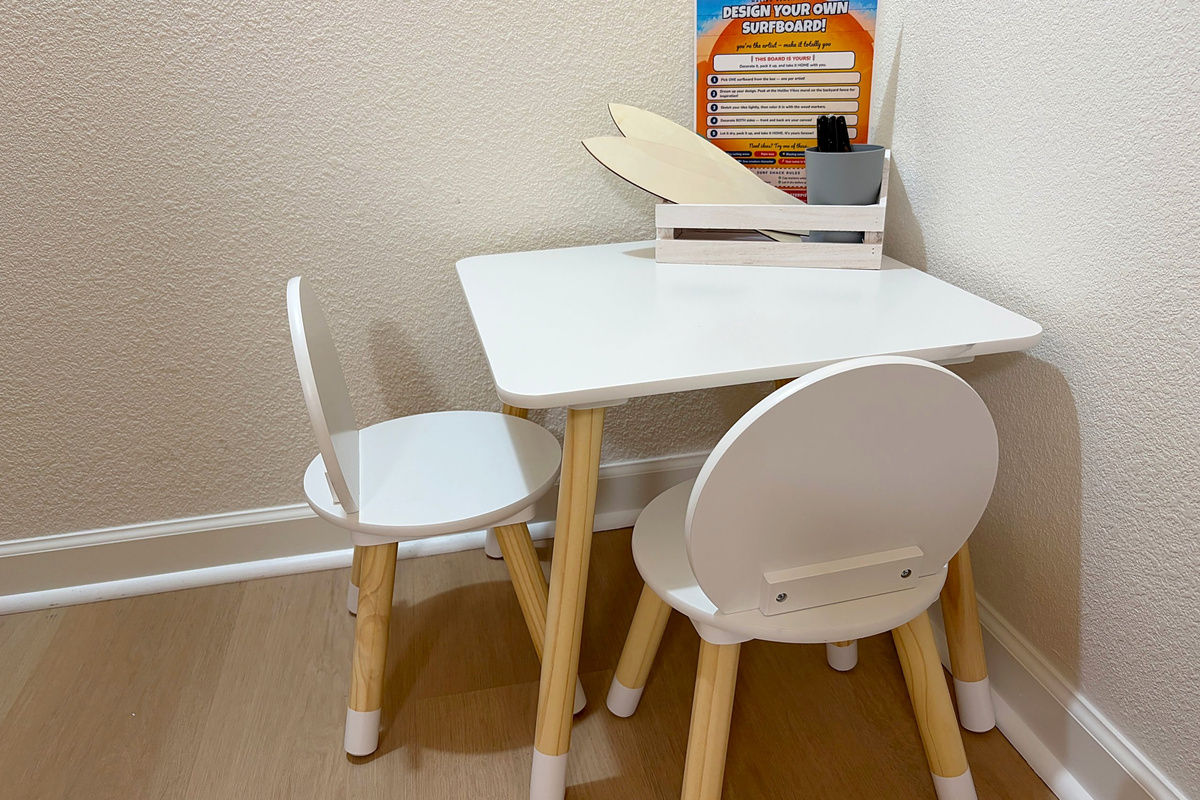 Little artist creativity corner - your kids get to decorate 2 surf boards and take them home as a souvenir!