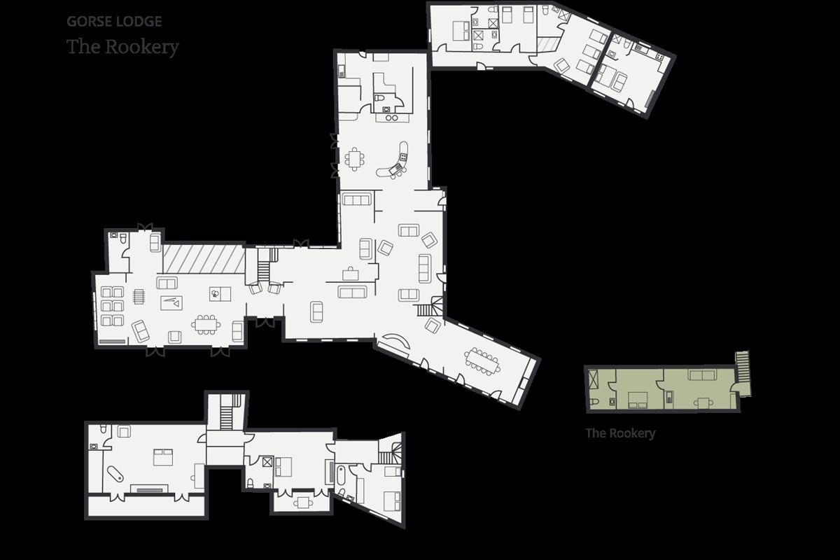 The Rookery is the detached building in green on the floor plan, located on the first floor.