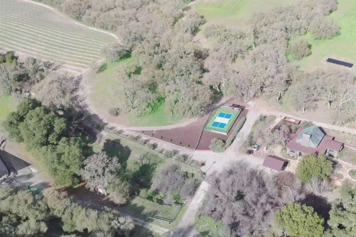 Overhead view of the pickle ball court and Oaks and Madeira