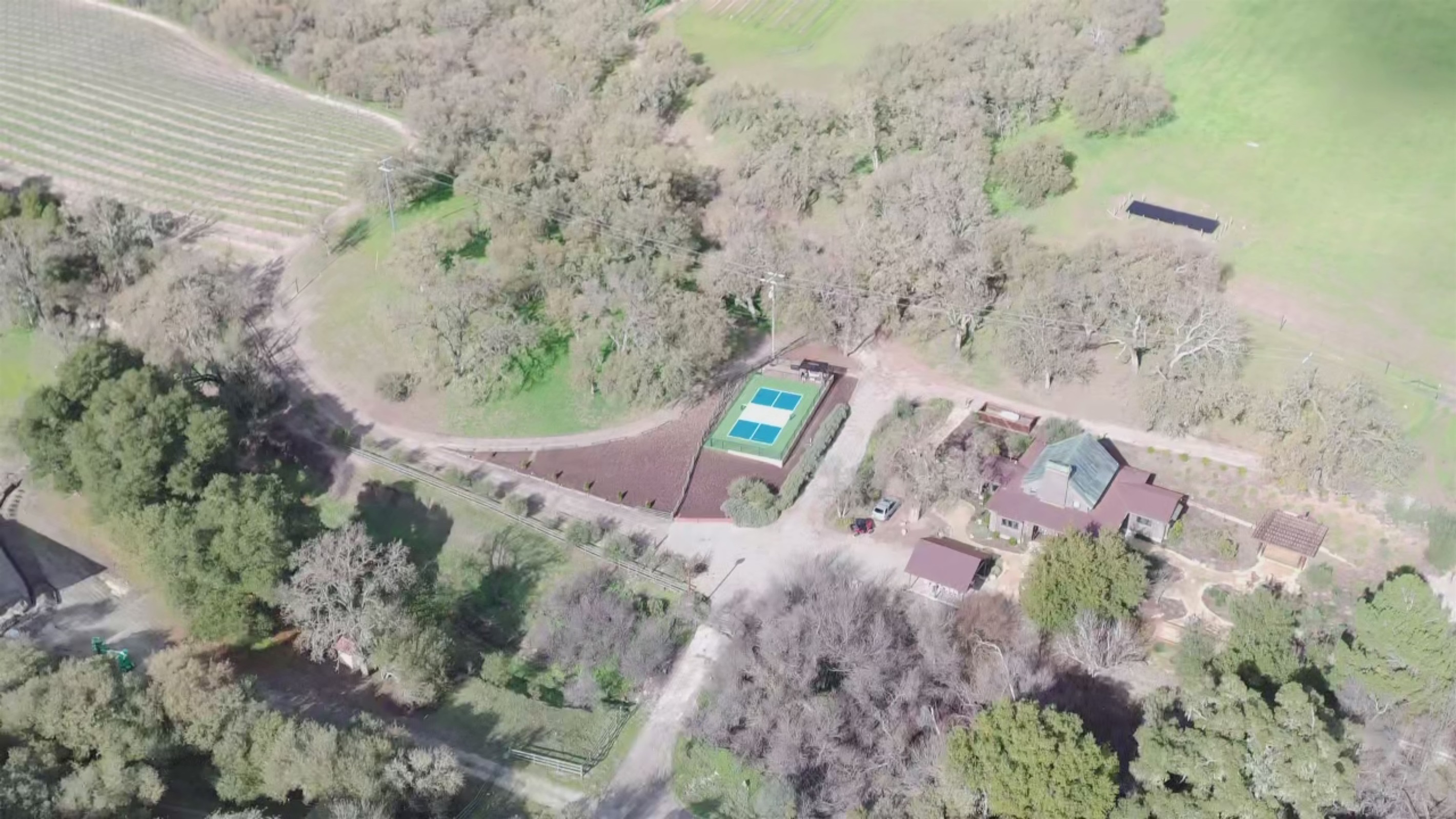 Overhead view of the pickle ball court and Oaks and Madeira