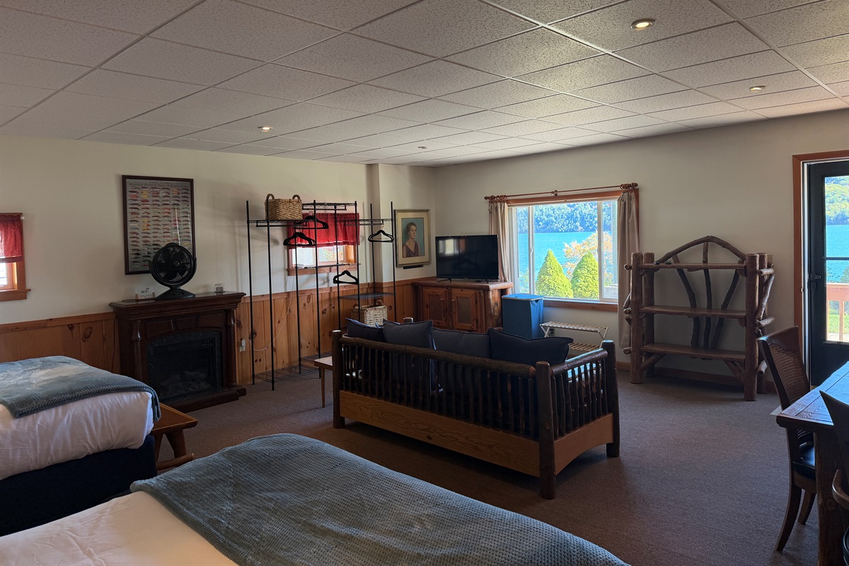 Open concept sleeping, living, dining area