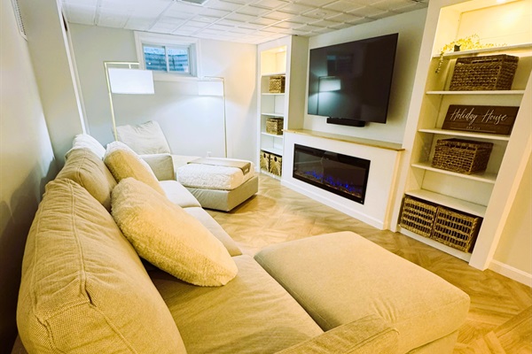 Lower Level Family Room, Electric Fireplace with Lights and Heatless Option (Use Anytime!)