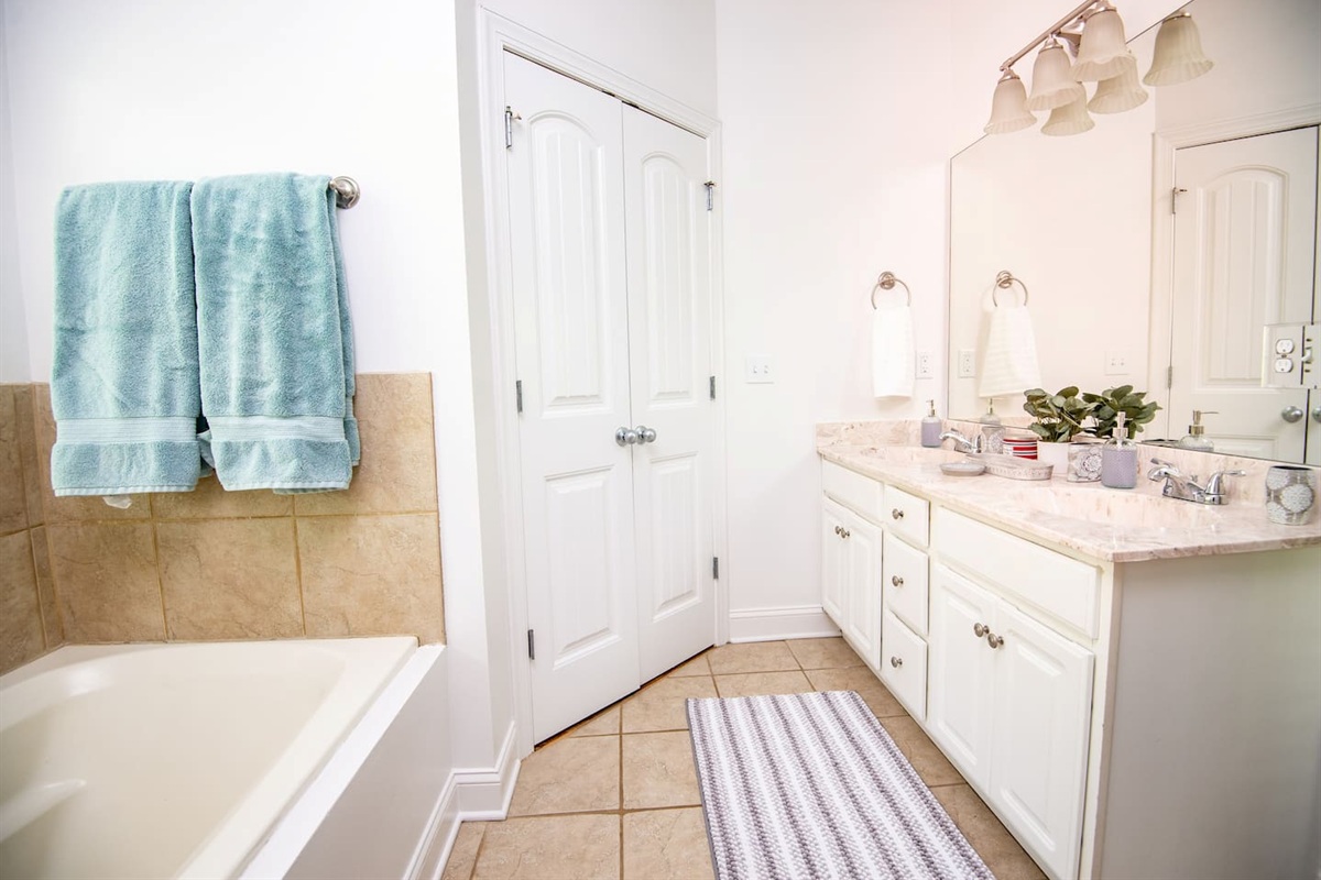 Master bathroom with tub, double sinks, large walk-in closet, and walk-in shower