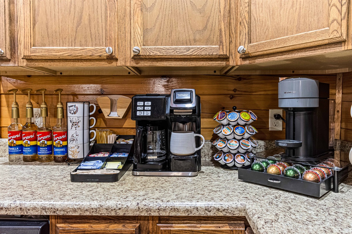 Rustic coffee station. Enjoy your morning brew in this cozy and well-equipped coffee bar.