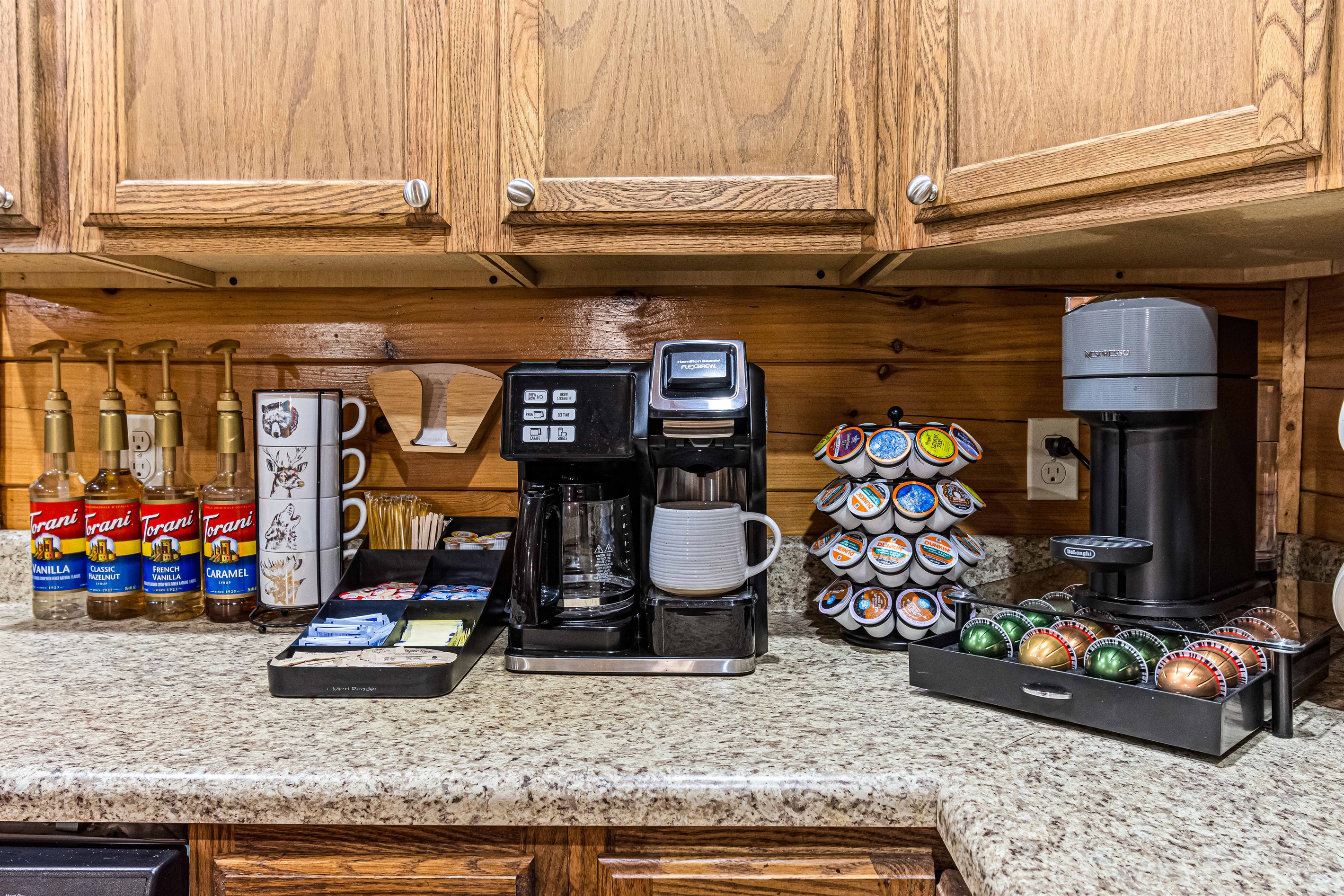 Rustic coffee station. Enjoy your morning brew in this cozy and well-equipped coffee bar.