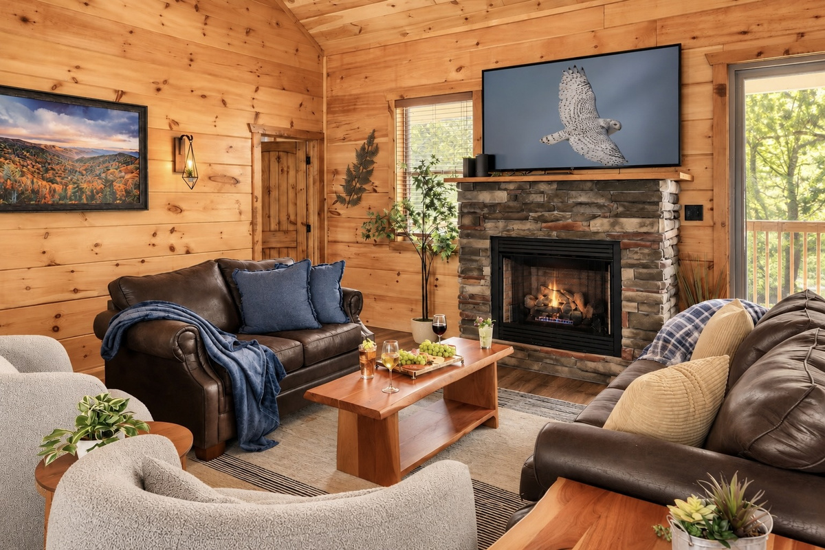 Gas fireplace, wall-mounted TV, and deep leather sofas for family movie nights.