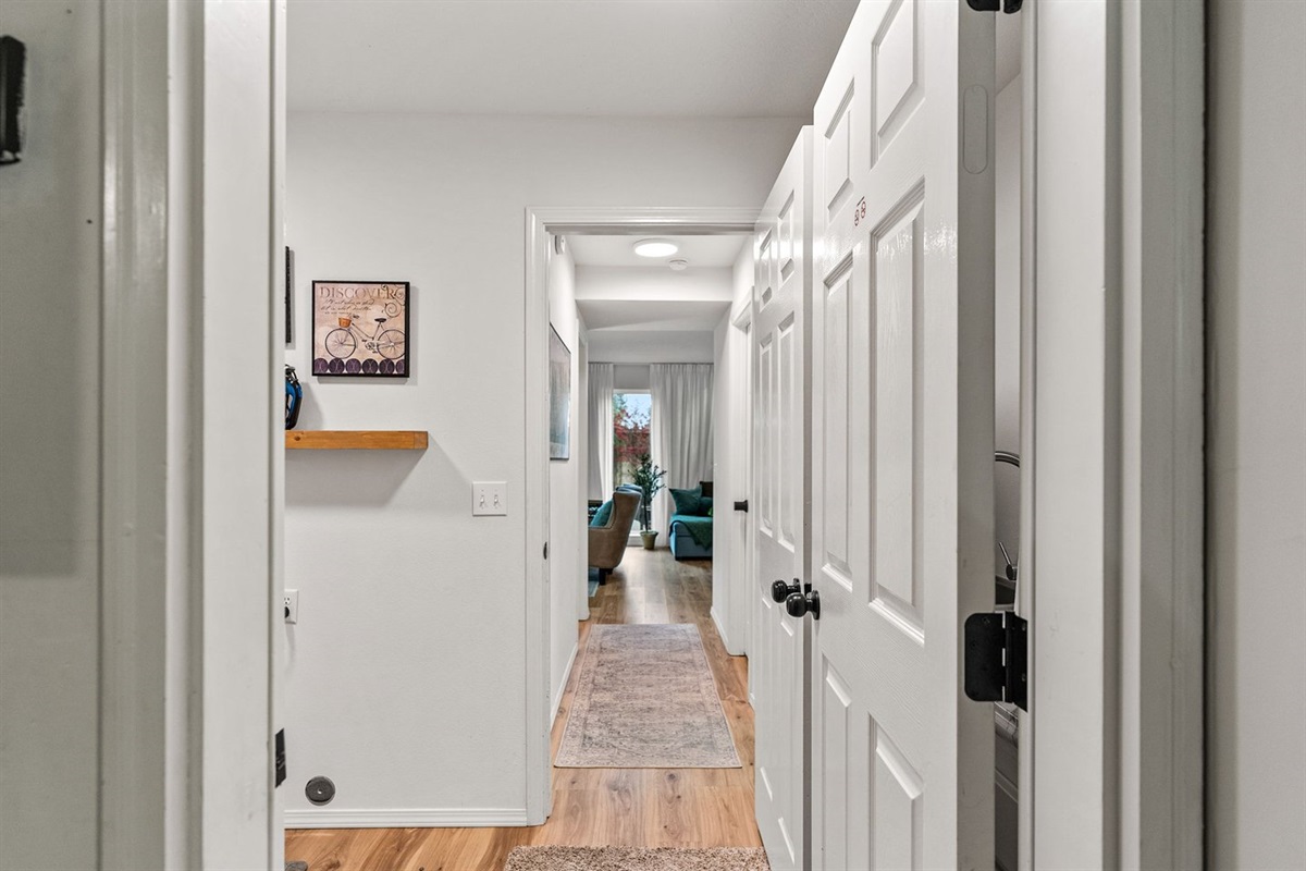 Step free entrance if entering from driveway through garage, laundry room.  The hall way leads to bathroom, bedroom and family room. 