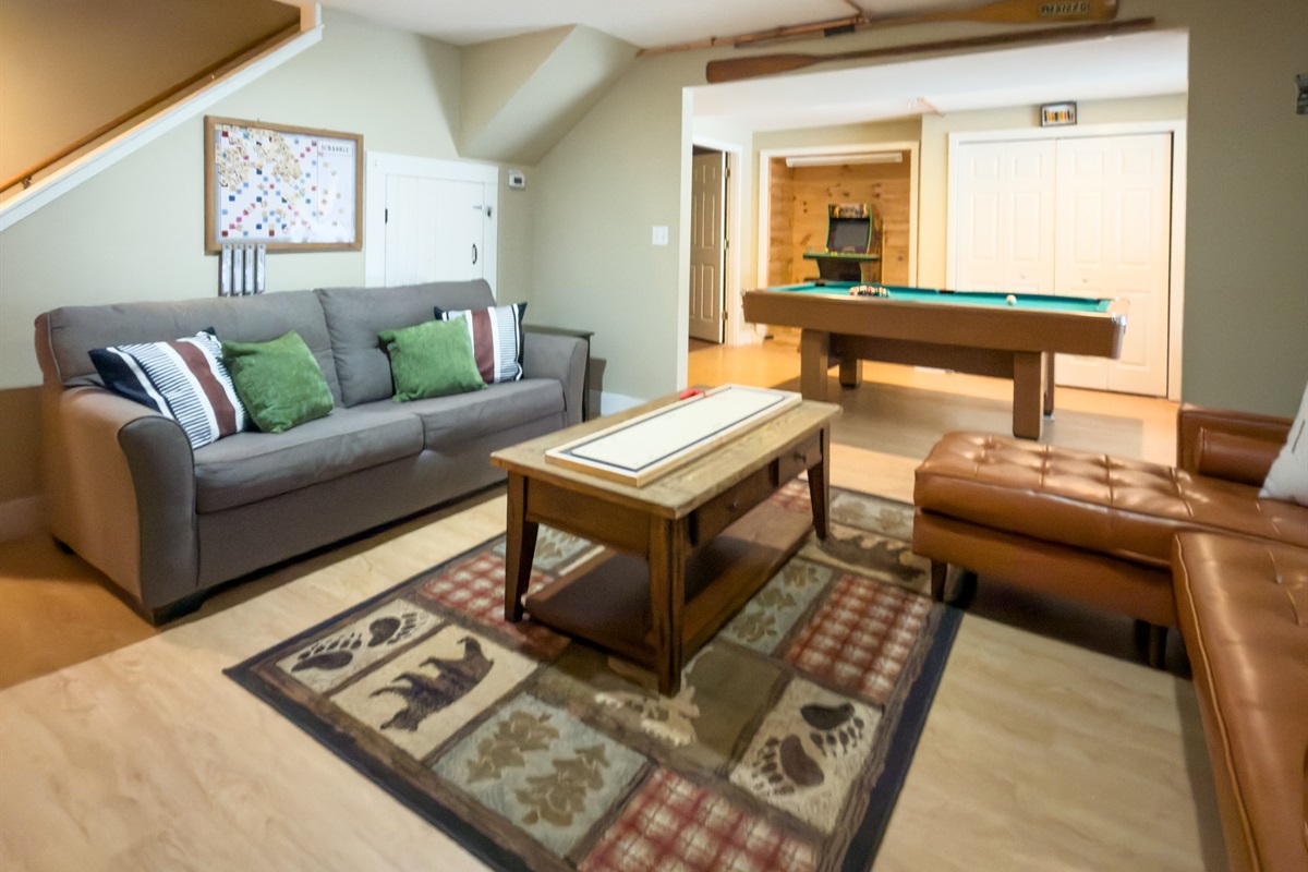 Dual space for gaming and living room in the lower level.