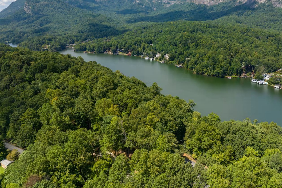 Upper view drone footage of the cabin  