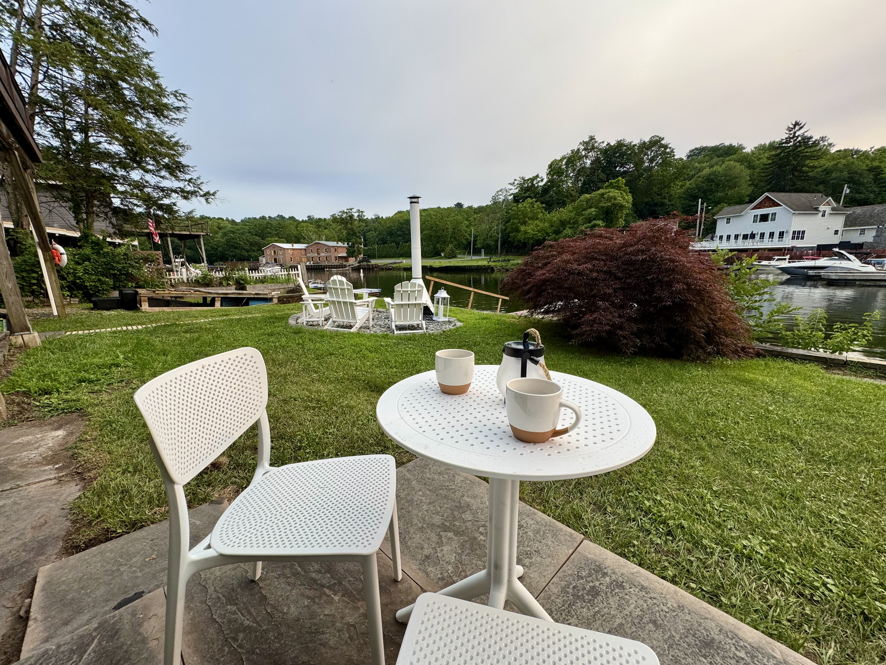 Start your day with fresh coffee and peaceful river views.