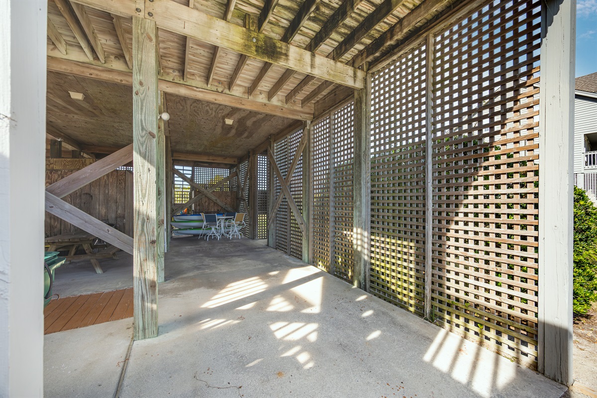 Covered parking and secure storage area—perfect for beach essentials.