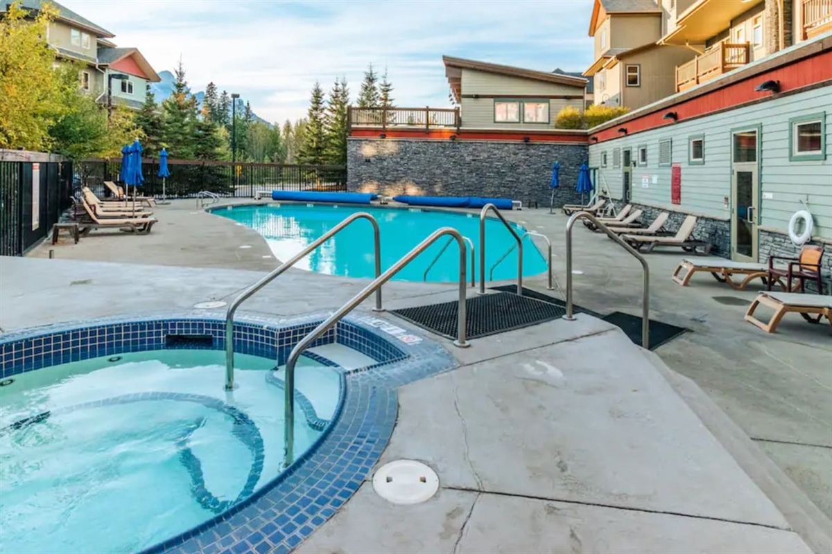 There are 3 hot tubs to choose from: 1st by the swimming pool (featured above), 2nd downstairs, and 3rd located next door building. Swimming pool is heated and open year round.
