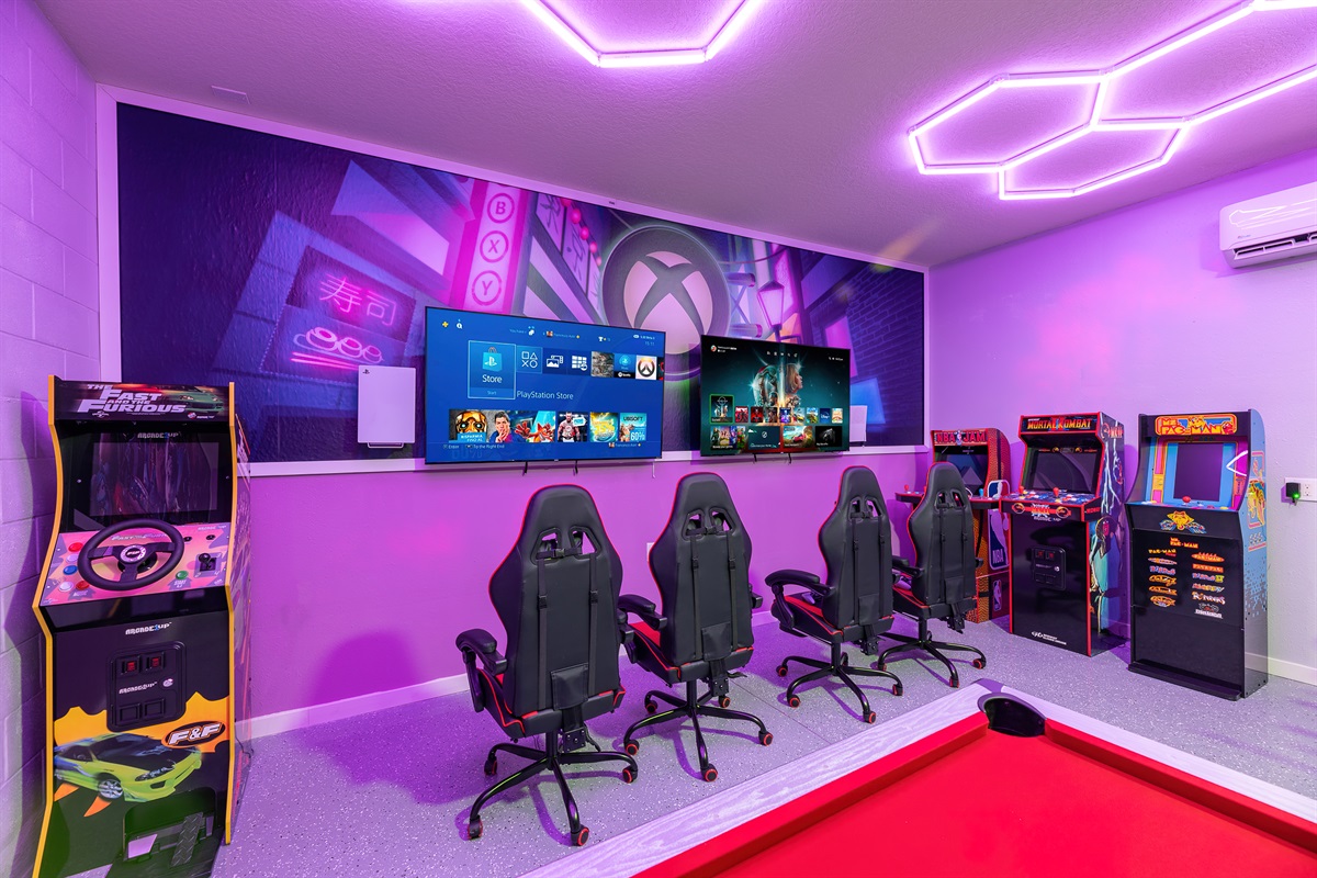 Game Room with Pool Table and Arcade