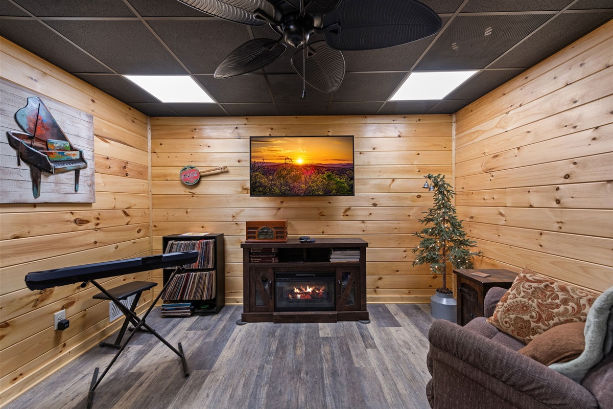 Cozy up by the fireplace and enjoy the ambiance of relaxing music.