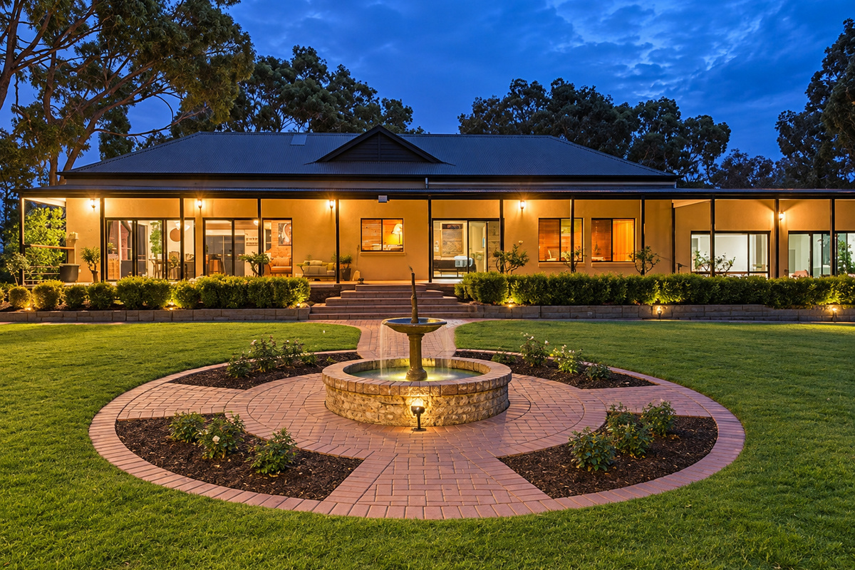 Experience the magic of evenings at Bob’s River House, where glowing lights and landscaped gardens create a welcoming atmosphere.