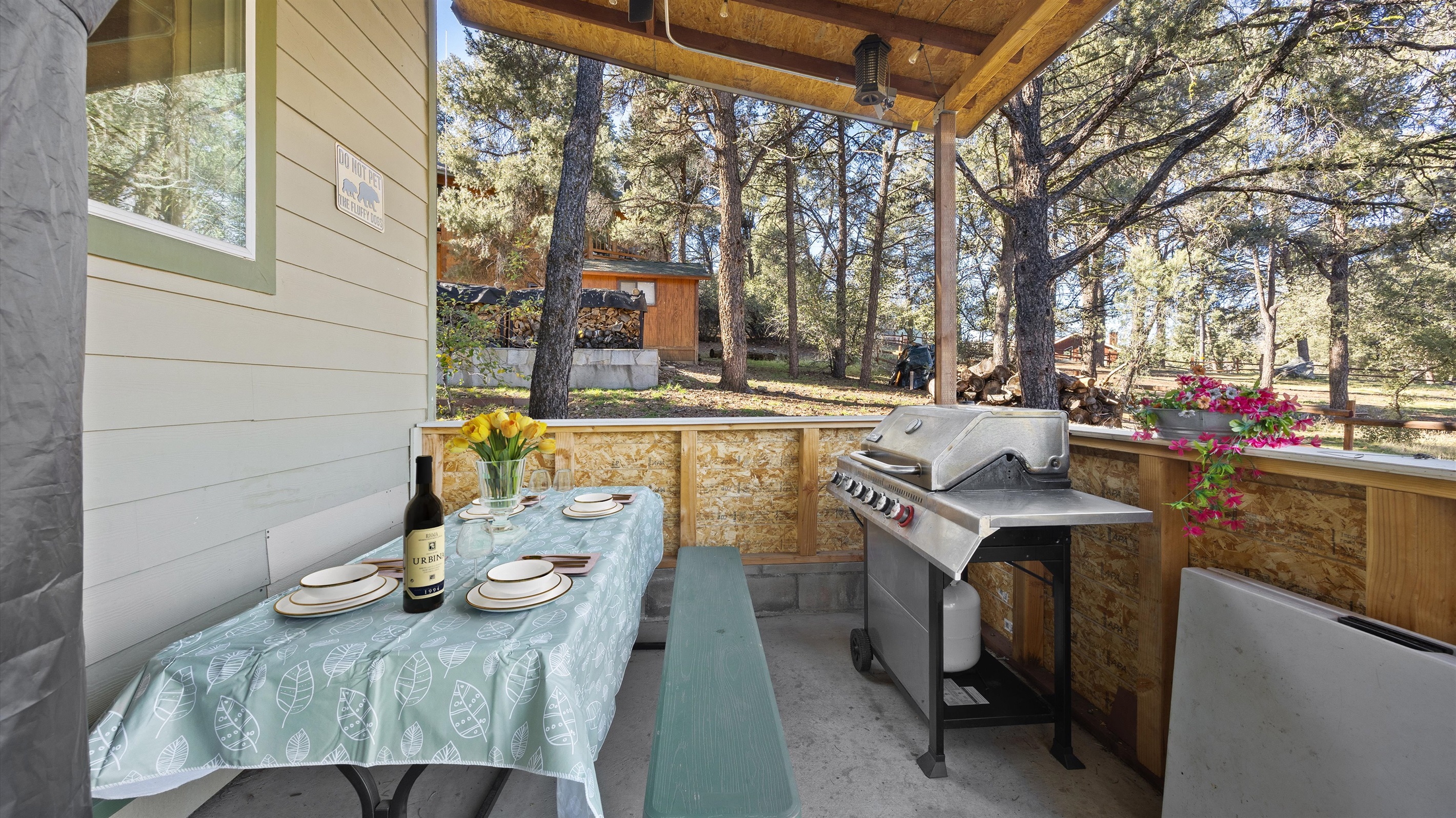 Serene back patio, surrounded by peaceful nature and fresh mountain air.