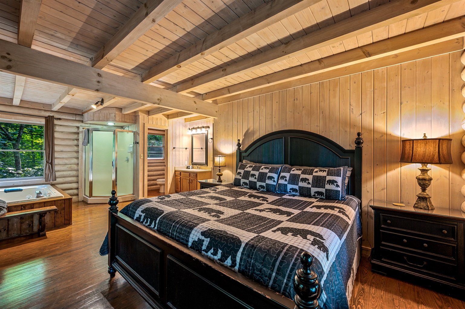 Relax in your King suite with jetted tub and private walk-in shower.