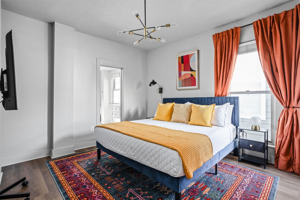 Sleep comfortably in a king size memory foam bed and blackout curtains. Watch your favorite shows and movies on the smart TV.