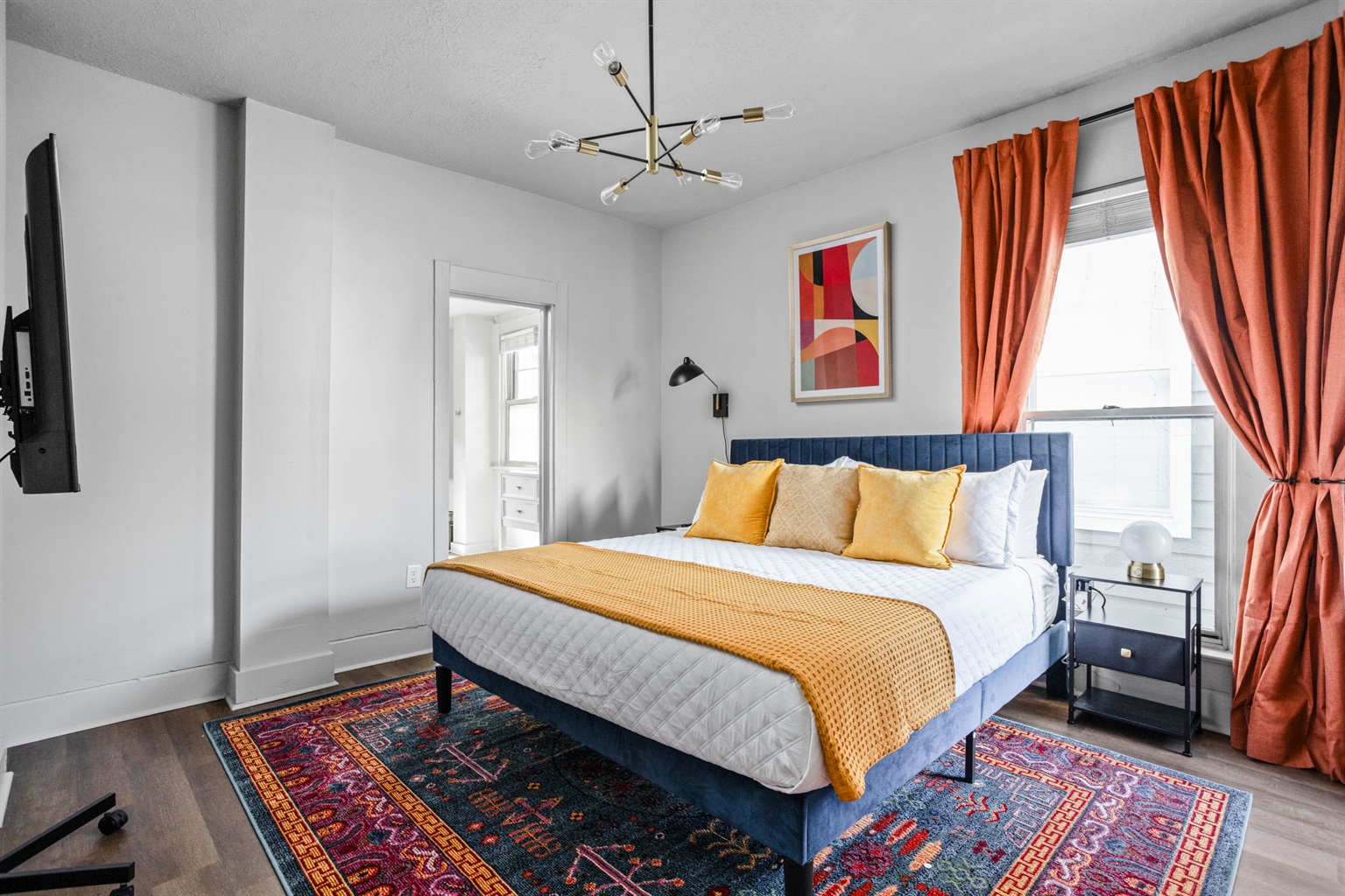 Sleep comfortably in a king size memory foam bed and blackout curtains. Watch your favorite shows and movies on the smart TV.