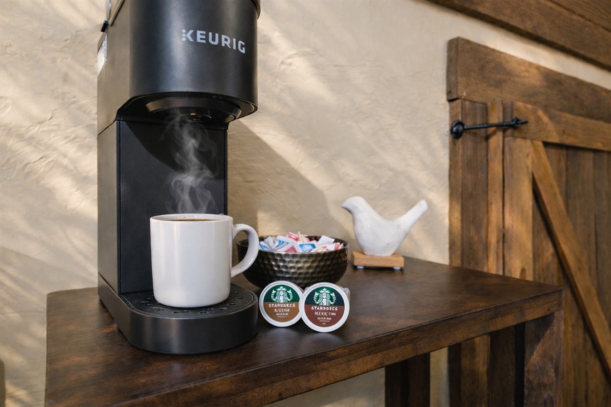A convenient Keurig coffee station with your favorite brews ready to go! Just what you need to start your day on a cozy note.