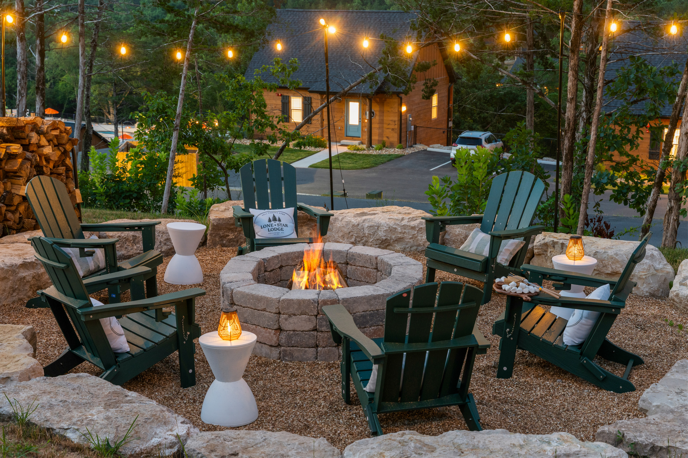 Lone Star Lodge's fire pit's best hour: flames up, aglow, and the Ozark sky going purple.