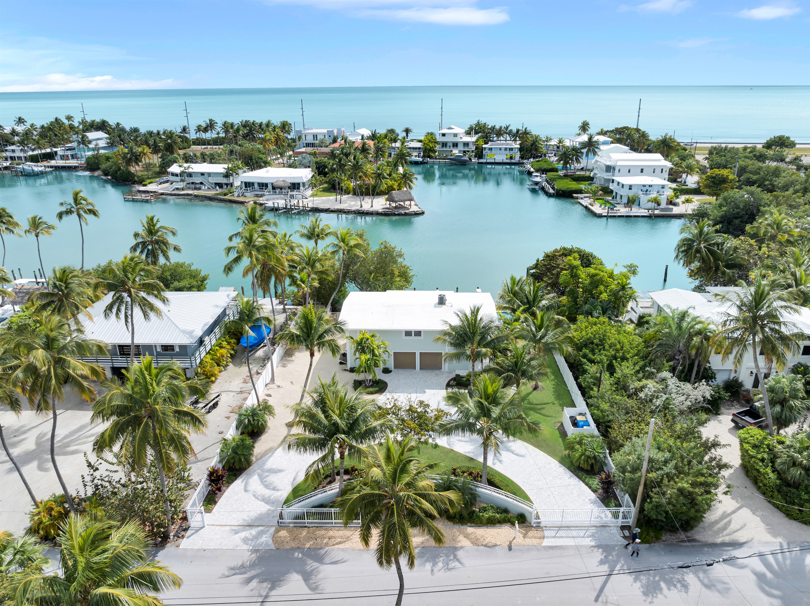 Aerial view of the home on a protected cove and the Atlantic Ocean just steps away.