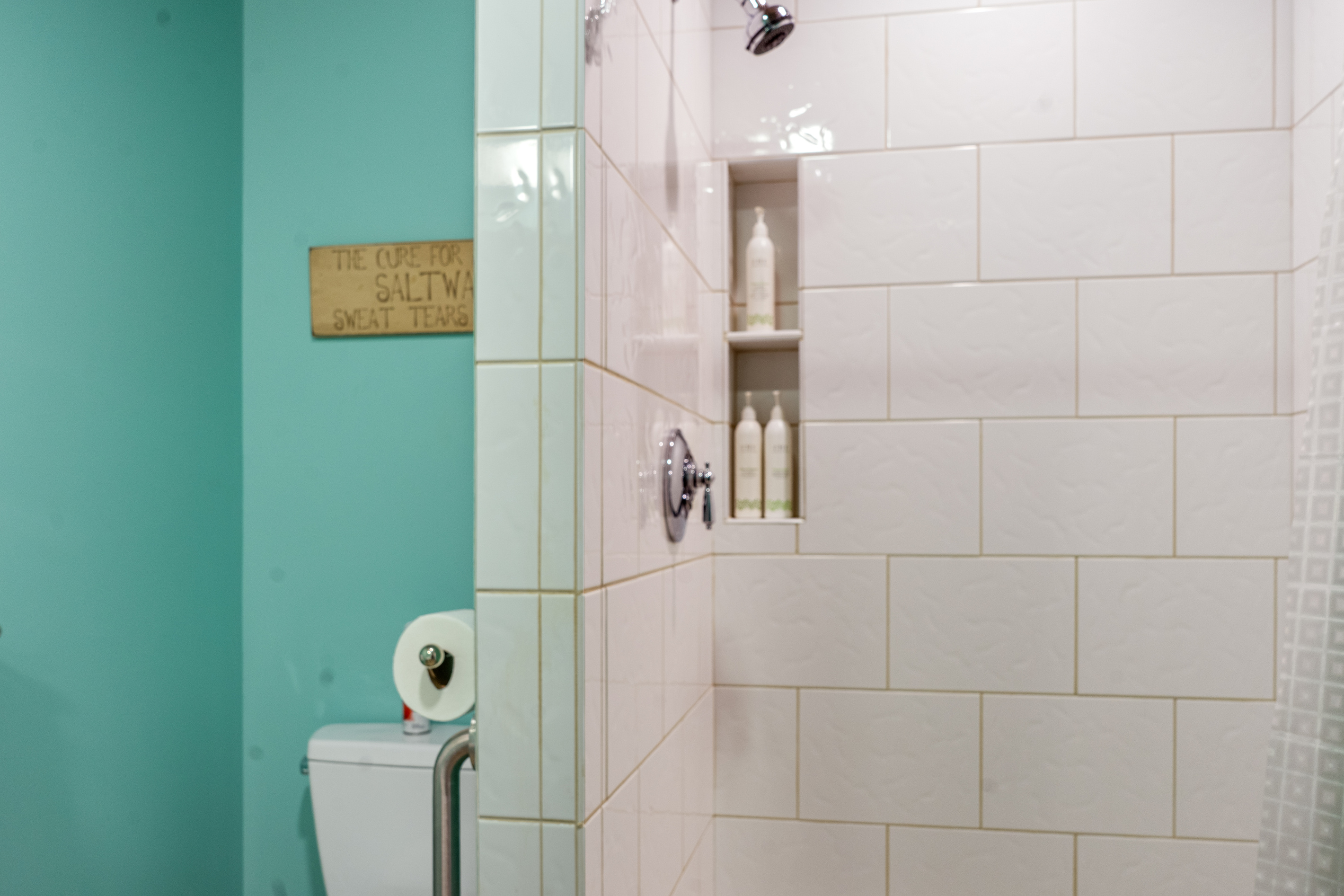 Lower level full bathroom featuring a modern walk-in tile shower. This bathroom is conveniently located just off the hallway between the media room and the twin guest room, providing privacy and easy access for the entire lower floor.