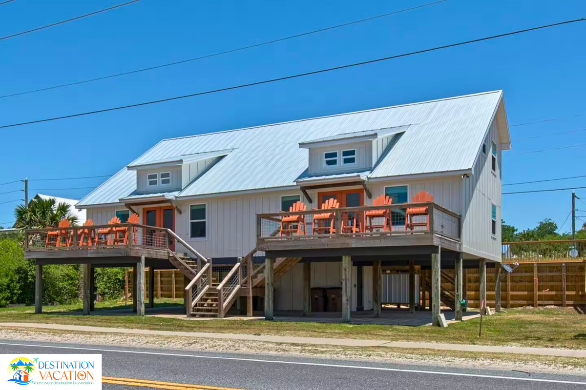 A striking beach retreat framed by sunshine and sky.