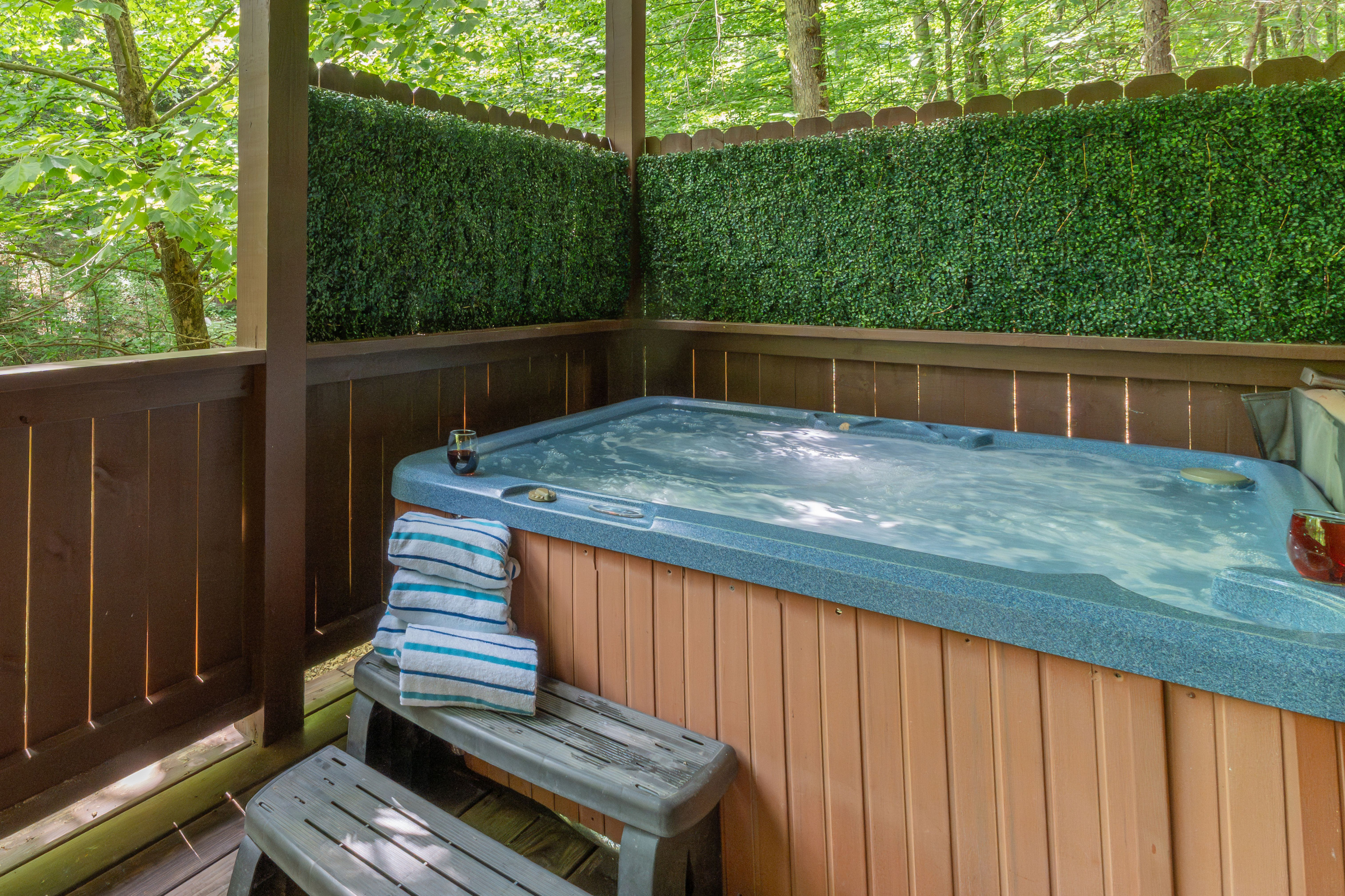 Melt away your stress in the hot tub while taking in the sounds of nature.