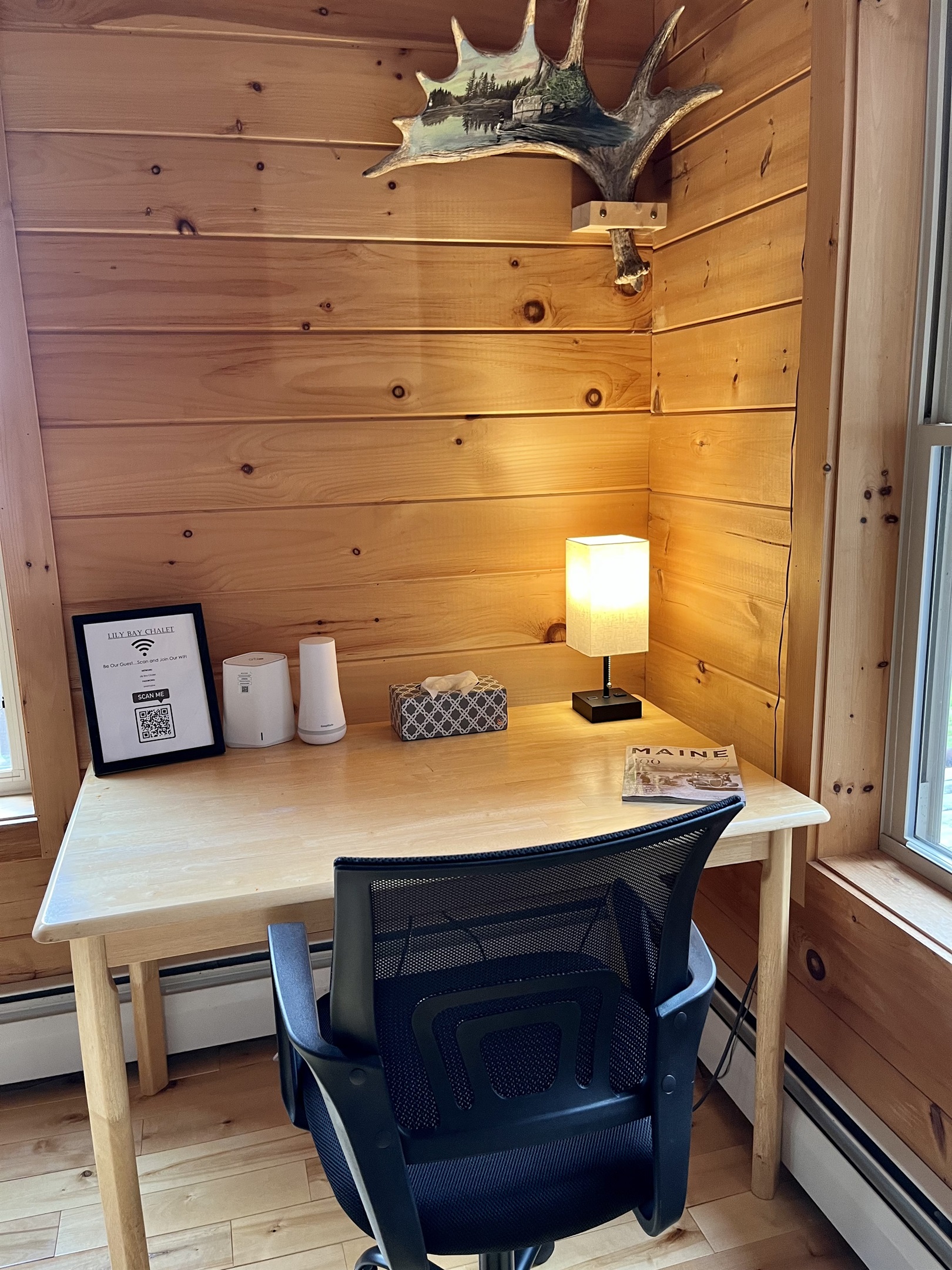 If you have to work on vacation...at least enjoy the view at your workspace with fast Starlink Wi-Fi and ergonomic chair for comfort. Lake views all around!