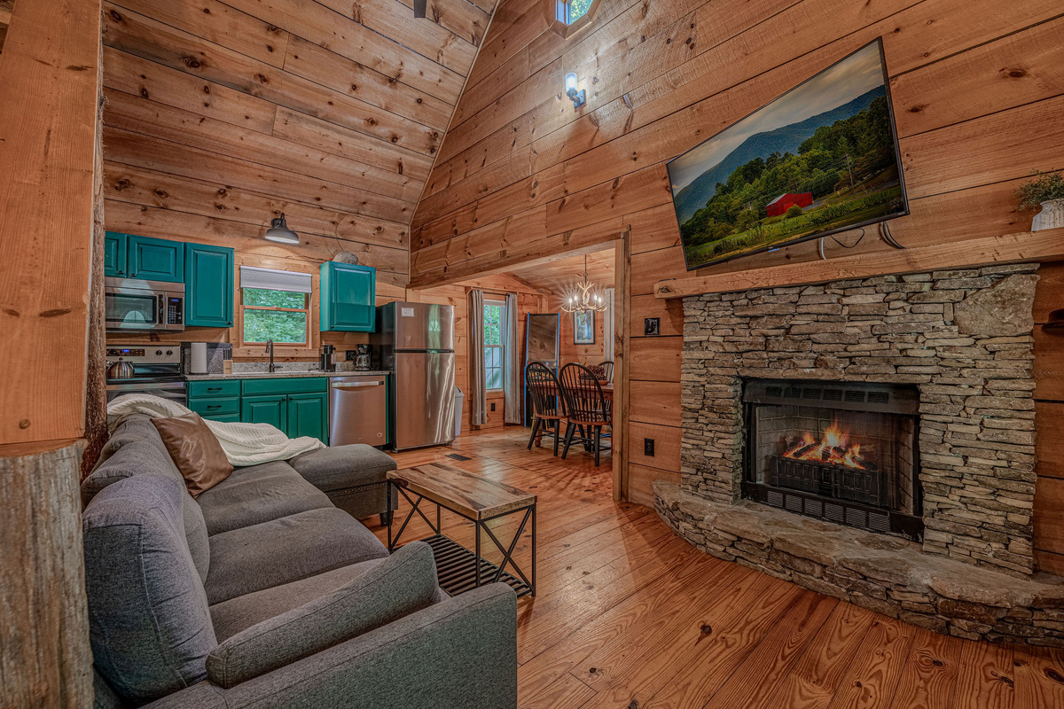 Fire going, kitchen steps away, whole space is yours.