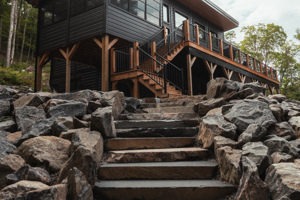 Steps down to firepit and dock