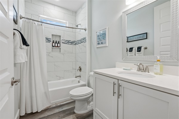 The second bathroom has a bath and shower and dispensers for kids or adults.