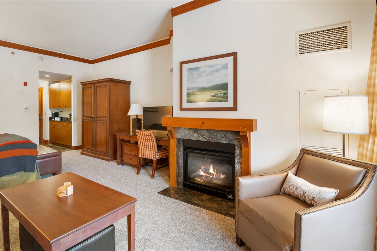 Gas fireplace provides cozy ambiance