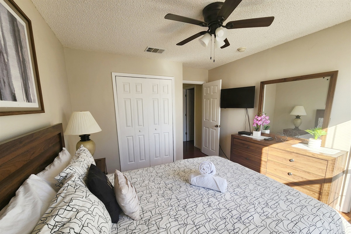 Master Queen bedroom, TV, Ceiling Fan