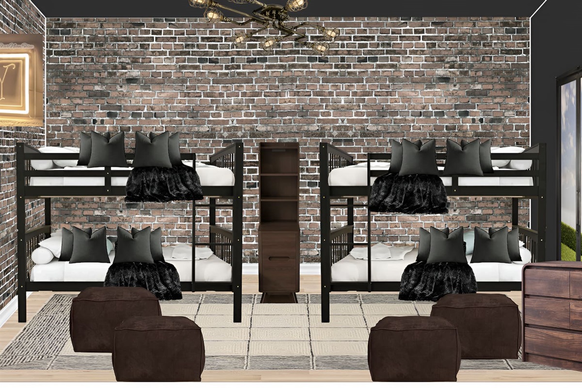 Host the ultimate group getaway in this industrial-style bunk room. Featuring twin black bunk beds, a rustic brick accent wall, and plush floor poufs, this space is designed for comfort and fun. A perfect family-friendly setup for your next luxury vacation
