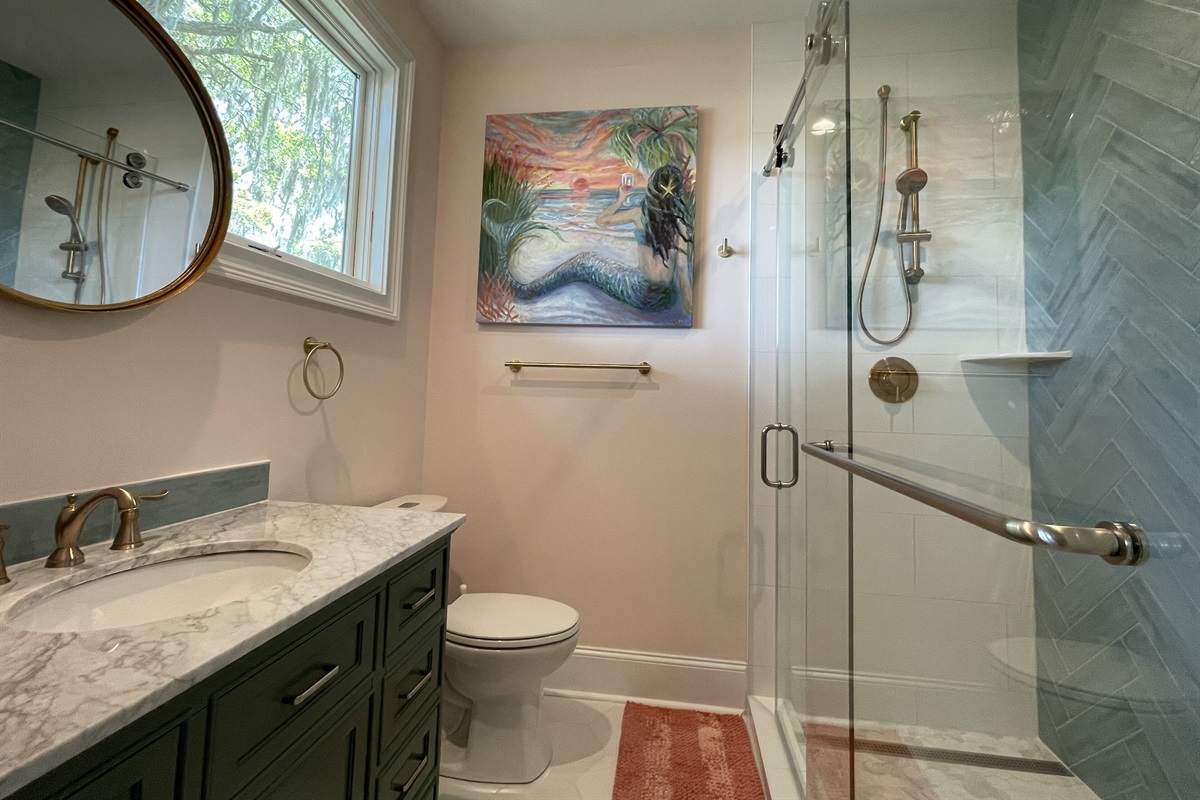 Ensuite bath for the "Mermaid Kisses" Bedroom.  Extra large luxury shower