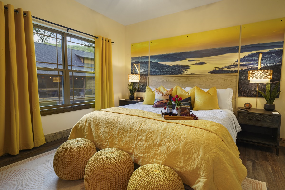 The Sunrise bedroom with luxury king mattress, bedding and attached ensuite bathroom