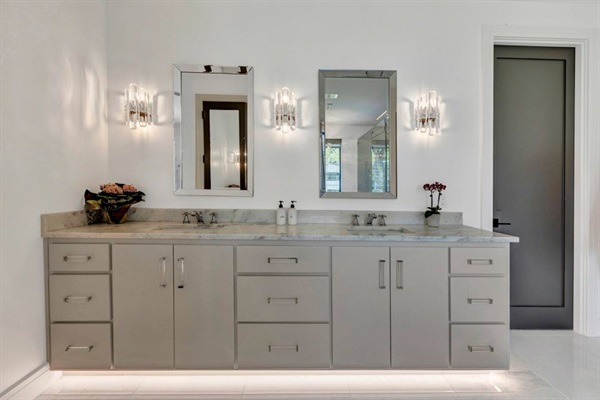 Dual vanities with lux finishes.