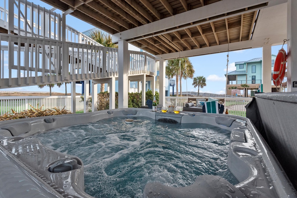 With seating for up to 7, the large hot tub offers a serene escape, perfect for unwinding during peaceful evenings.