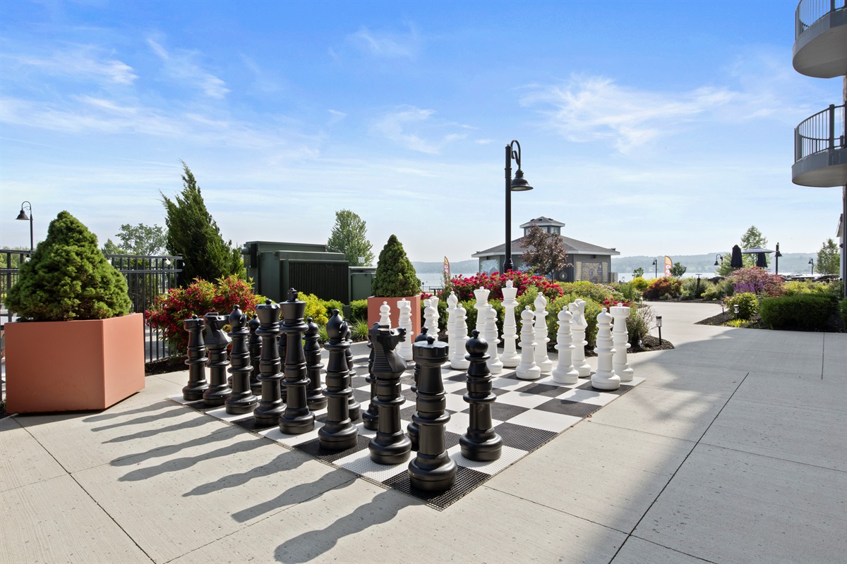 Challenge friends to a life-sized chess match in this beautifully landscaped outdoor game area